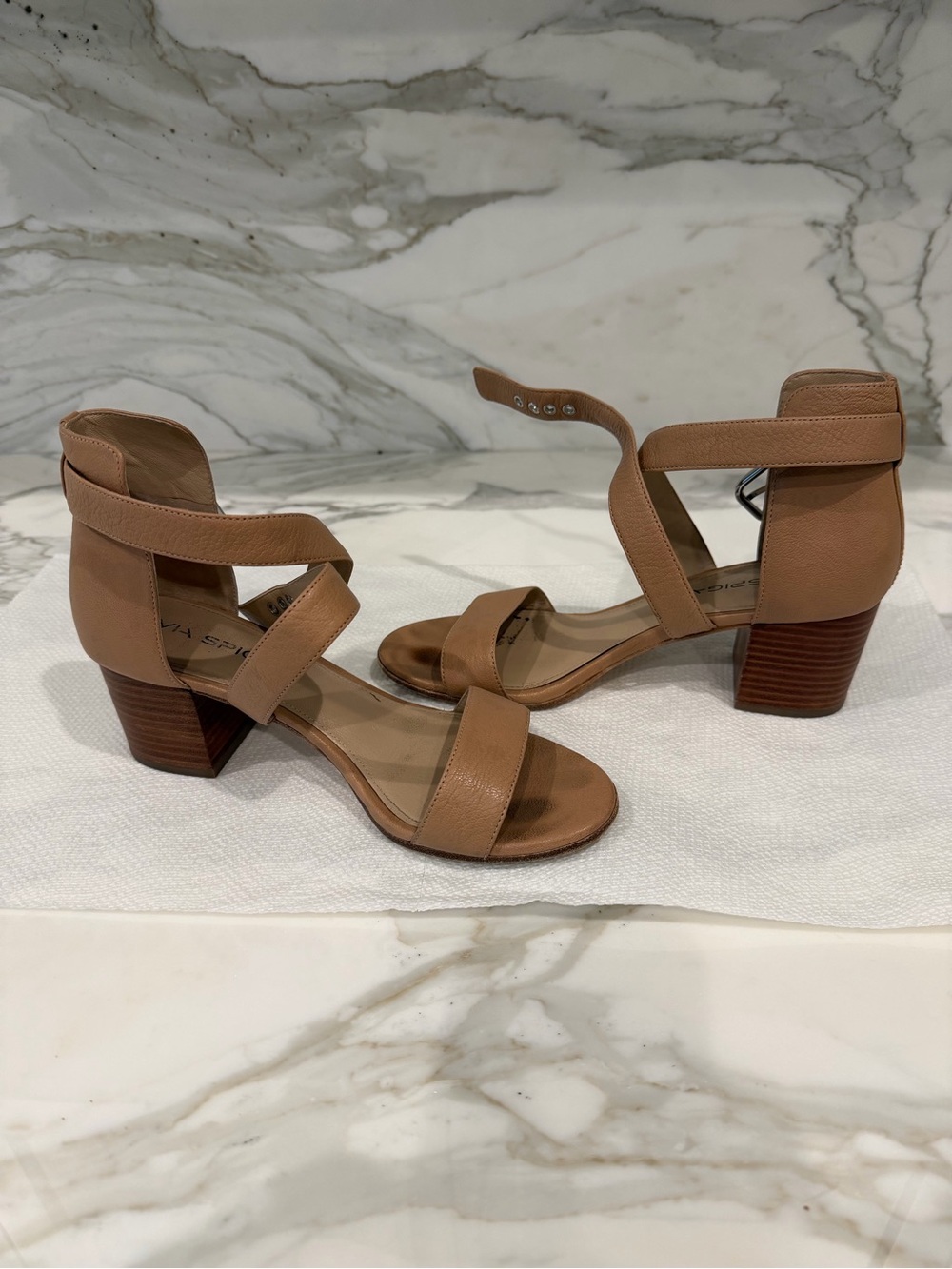 Via Spiga Neutral Tan Leather Block Heel Sandals